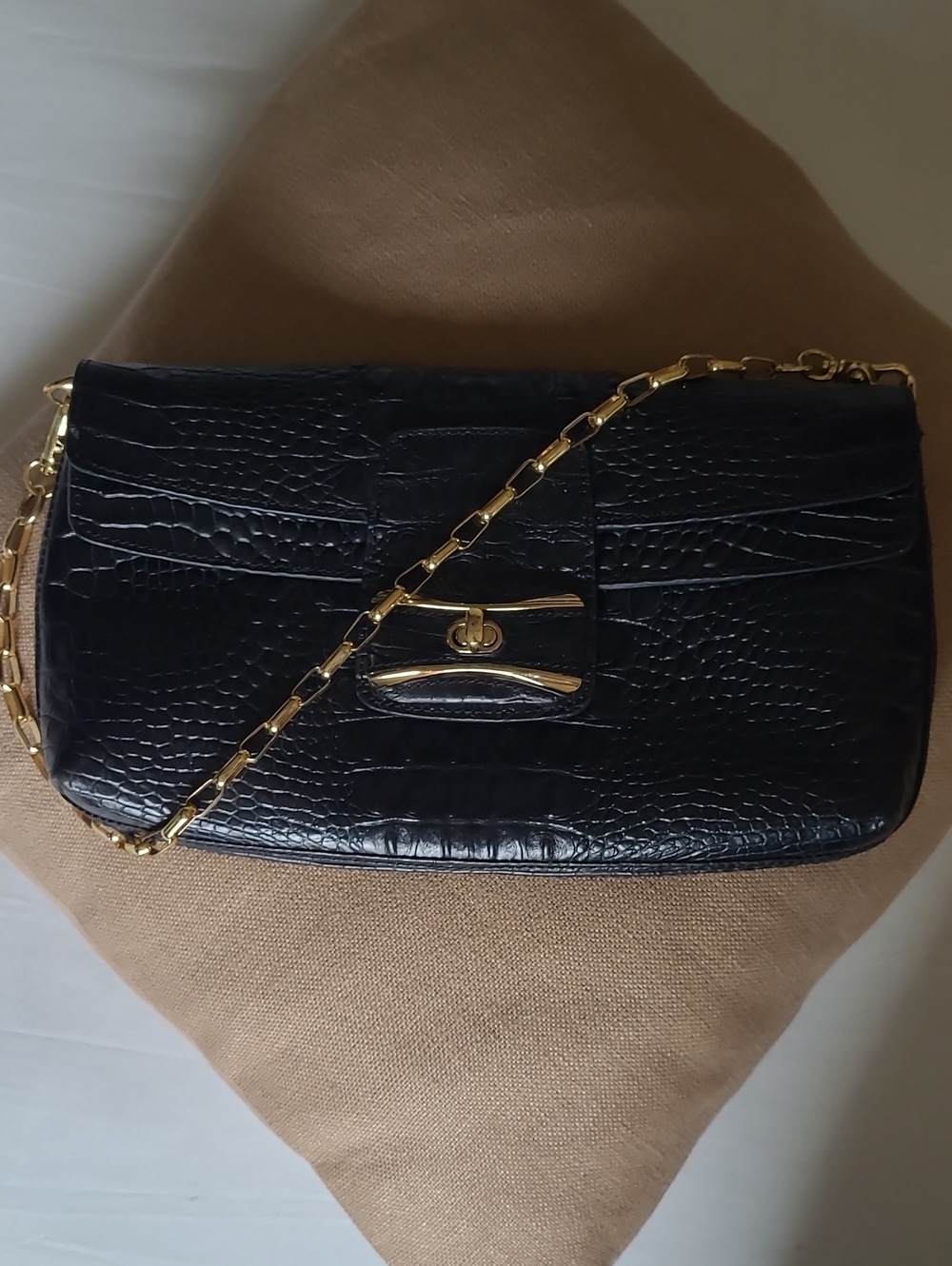 Sondra Roberts Black Leather Croc-Embossed Clutch with Gold Chain.